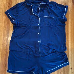 Stars Above Large Pajama Set, Short-sleeve shirt, Shorts, Navy Blue, White Trim